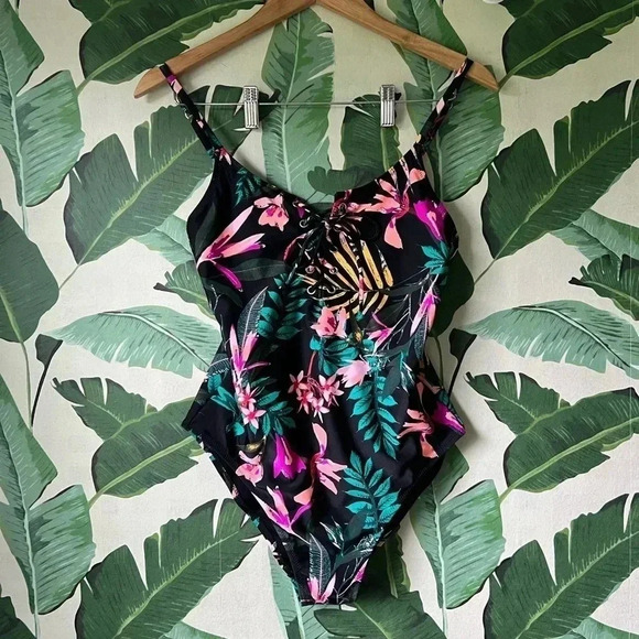 Old Navy Black Floral Tropical Lace Front One Piece Swimsuit M - Picture 1 of 7